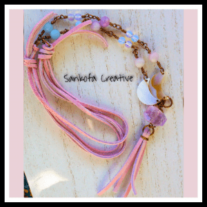 Amethyst Fringe Pink Leather Necklace with Handmade Morginite and Opalite Chain 1